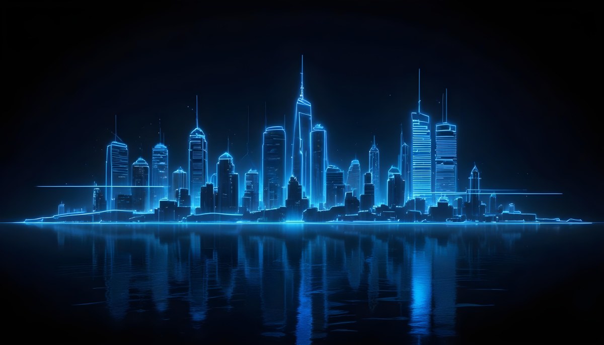 A Futuristic City Skyline Made Of Blue Neon Lines Reflecting On A Dark Water Surface With A Starry Night Sky In The Background 8 108c