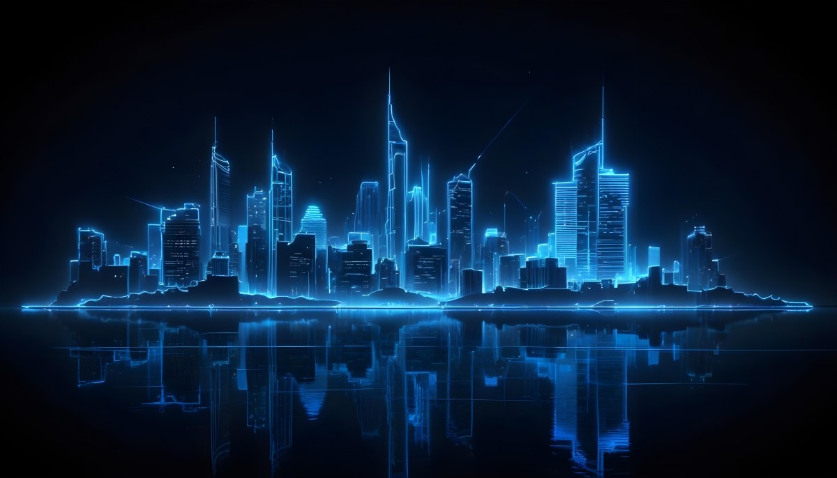 A Futuristic City Skyline Made Of Blue Neon Lines Reflecting On A Dark Water Surface With A Starry Night Sky In The Background 9 F860