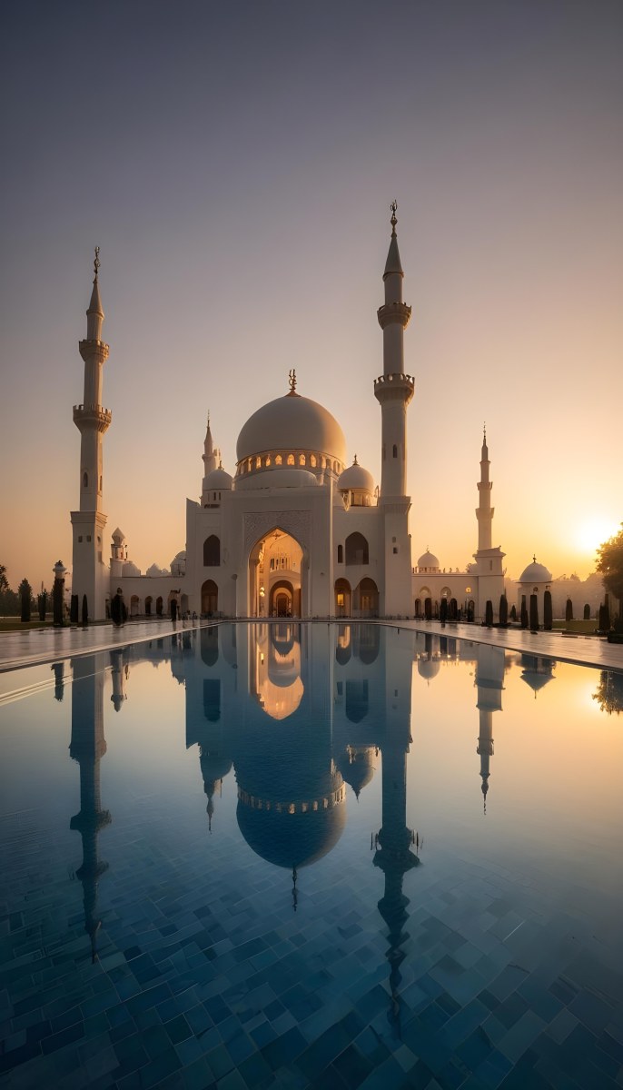 A Grand Mosque With Ornate Arched Architecture And Minarets Reflected In A Calm Pool Of Water At Sunset 1 F283