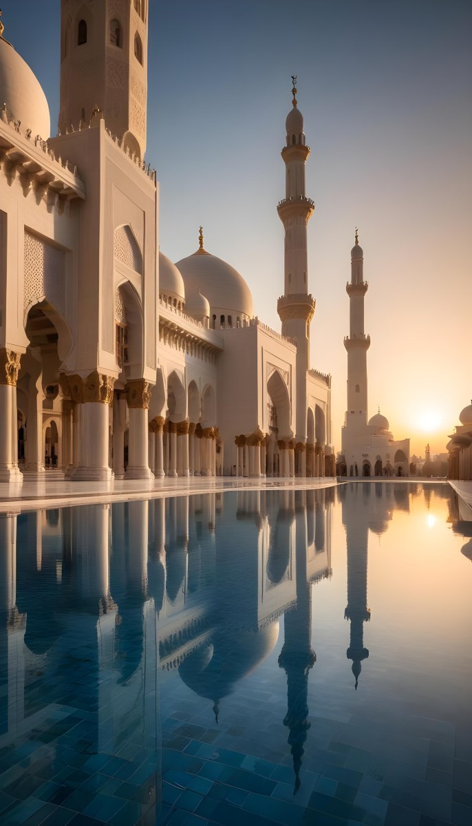 A Grand Mosque With Ornate Arched Architecture And Minarets Reflected In A Calm Pool Of Water At Sunset 11 4408