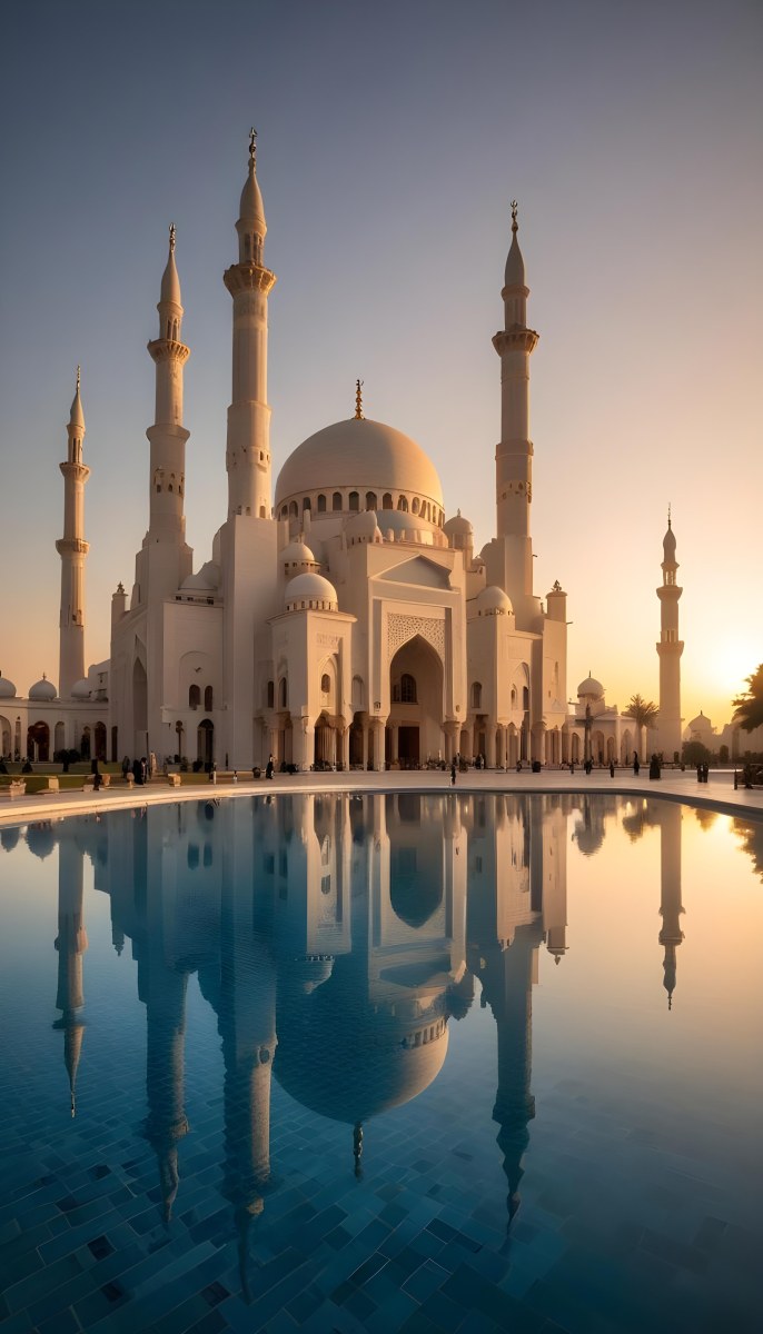 A Grand Mosque With Ornate Arched Architecture And Minarets Reflected In A Calm Pool Of Water At Sunset 12 3d1a