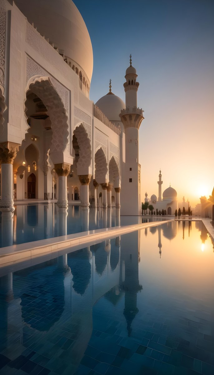 A Grand Mosque With Ornate Arched Architecture And Minarets Reflected In A Calm Pool Of Water At Sunset 14 88f8