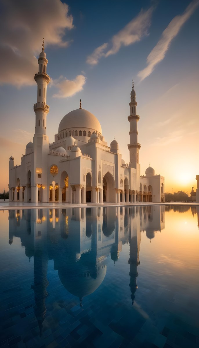 A Grand Mosque With Ornate Arched Architecture And Minarets Reflected In A Calm Pool Of Water At Sunset 15 2e13
