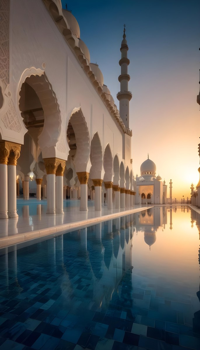 A Grand Mosque With Ornate Arched Architecture And Minarets Reflected In A Calm Pool Of Water At Sunset 16 297d