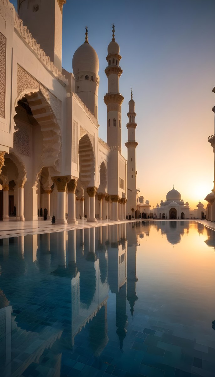 A Grand Mosque With Ornate Arched Architecture And Minarets Reflected In A Calm Pool Of Water At Sunset 2 7340