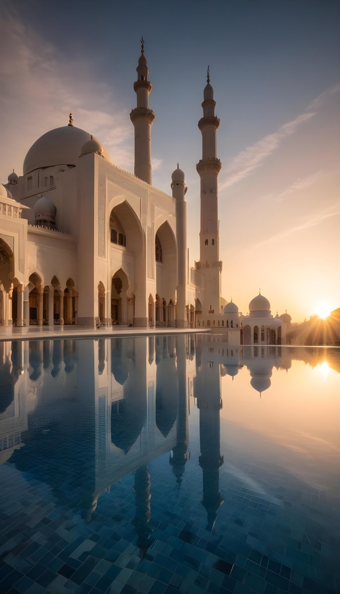 A Grand Mosque With Ornate Arched Architecture And Minarets Reflected In A Calm Pool Of Water At Sunset 3 755a