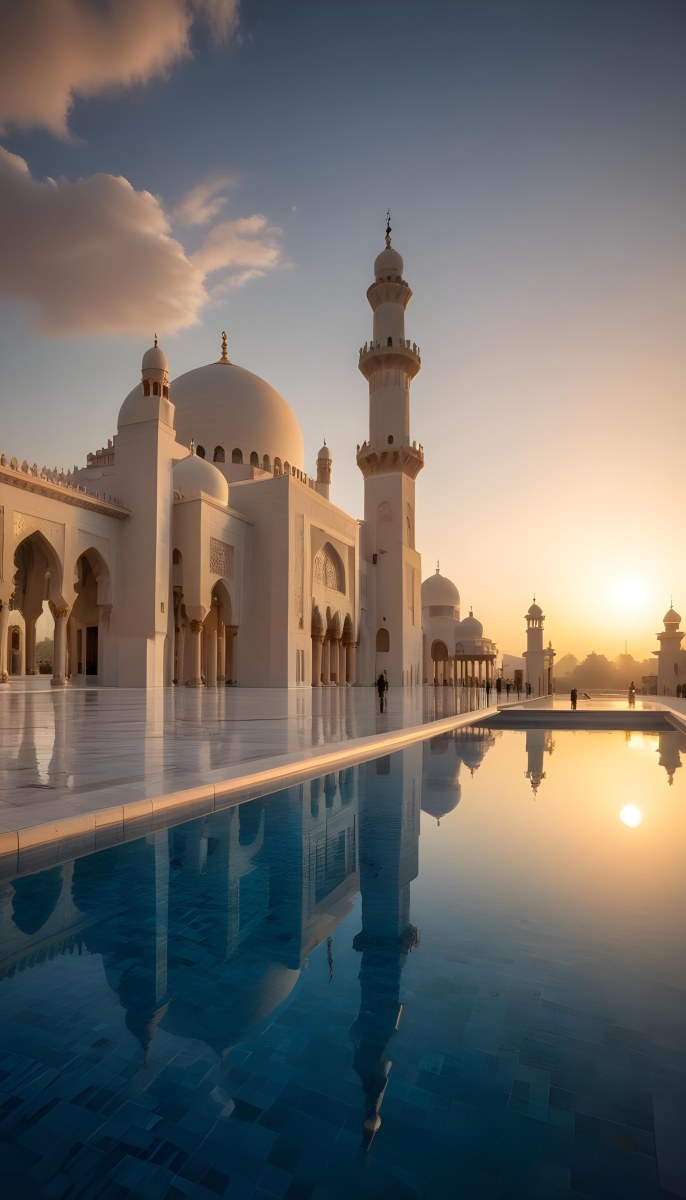 A Grand Mosque With Ornate Arched Architecture And Minarets Reflected In A Calm Pool Of Water At Sunset 4 D498