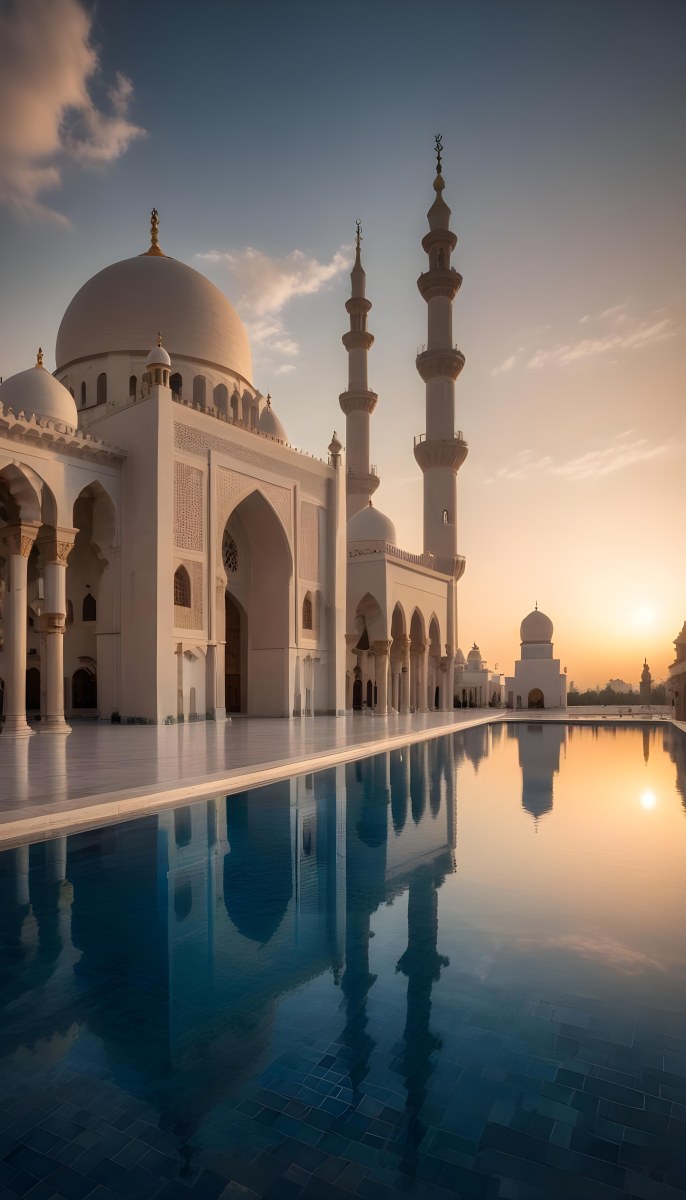 A Grand Mosque With Ornate Arched Architecture And Minarets Reflected In A Calm Pool Of Water At Sunset 5 0c35