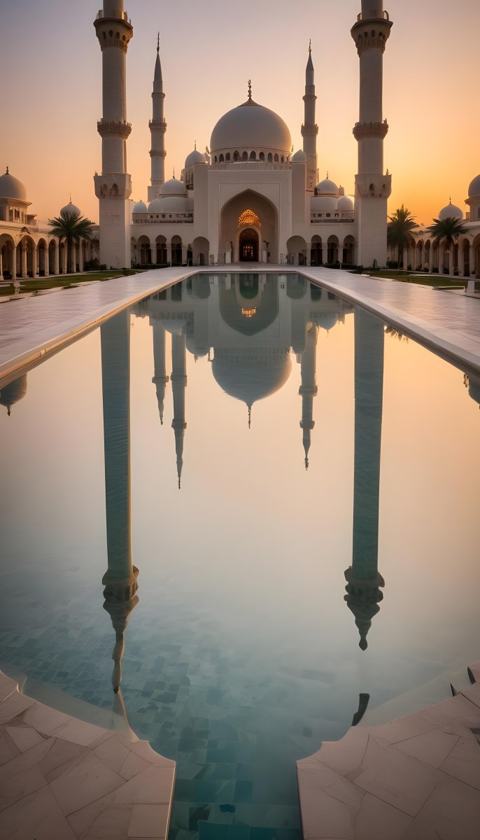 A Grand Mosque With Ornate Arched Architecture And Minarets Reflected In A Calm Pool Of Water At Sunset 6 D15a