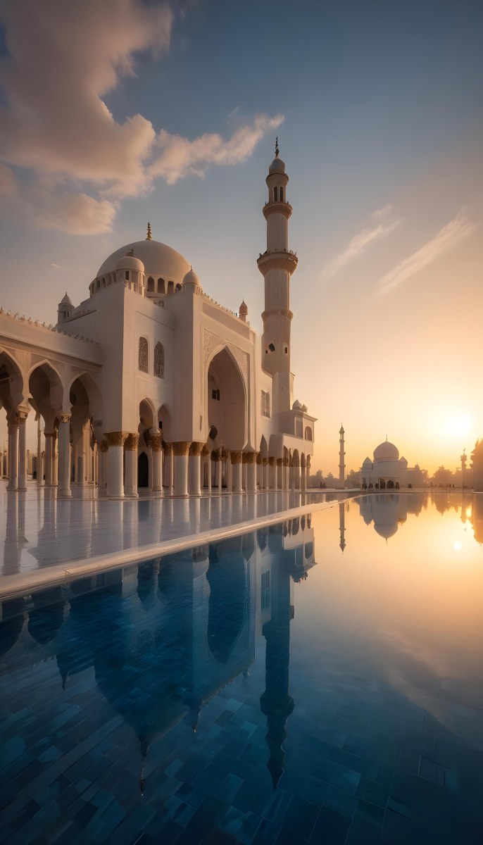 A Grand Mosque With Ornate Arched Architecture And Minarets Reflected In A Calm Pool Of Water At Sunset 7 D841