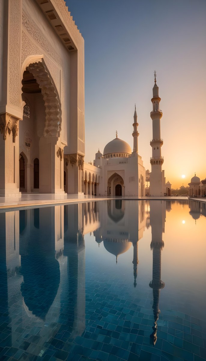 A Grand Mosque With Ornate Arched Architecture And Minarets Reflected In A Calm Pool Of Water At Sunset 8 D6ef