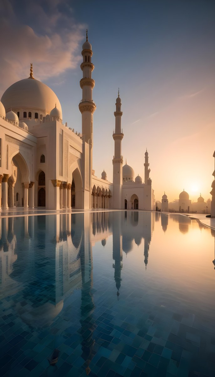 A Grand Mosque With Ornate Arched Architecture And Minarets Reflected In A Calm Pool Of Water At Sunset 9 D6be