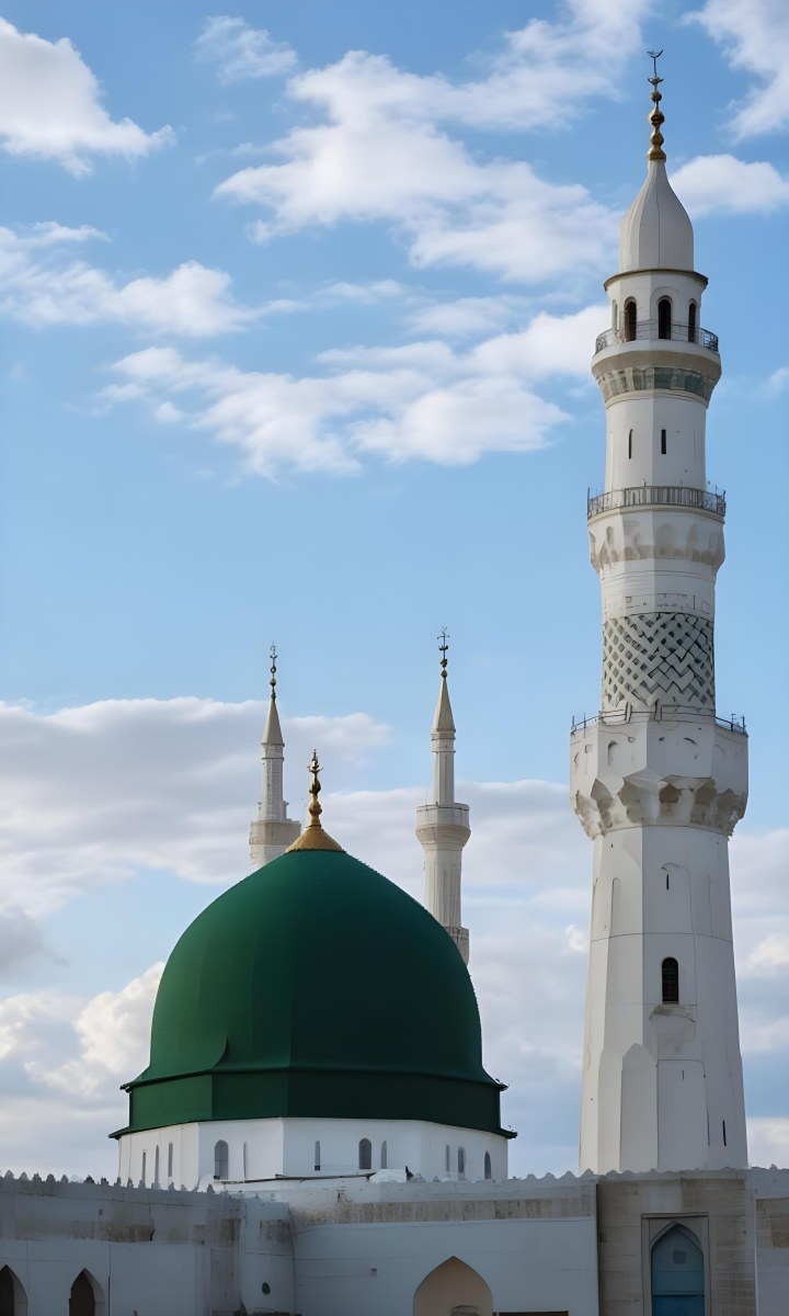 A Green Domed Mosque With A Tall Minaret Against A Blue Sky With Clouds 1 3e26