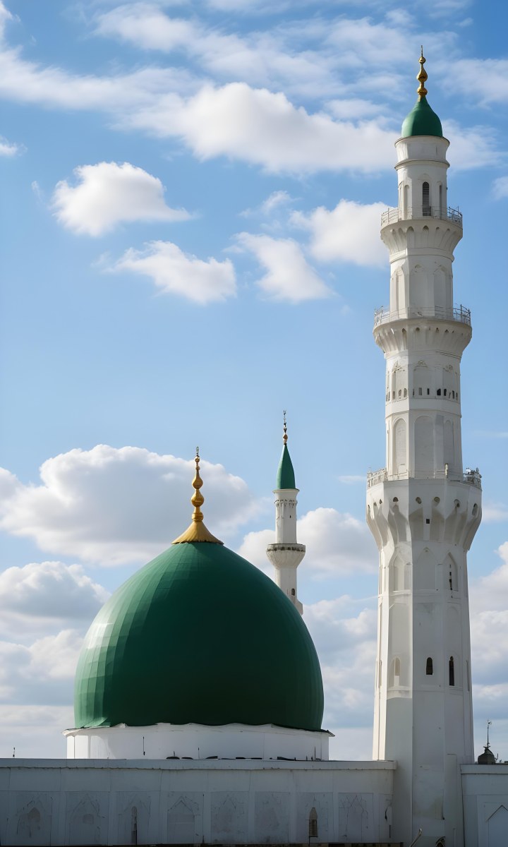 A Green Domed Mosque With A Tall Minaret Against A Blue Sky With Clouds 3 Eb33