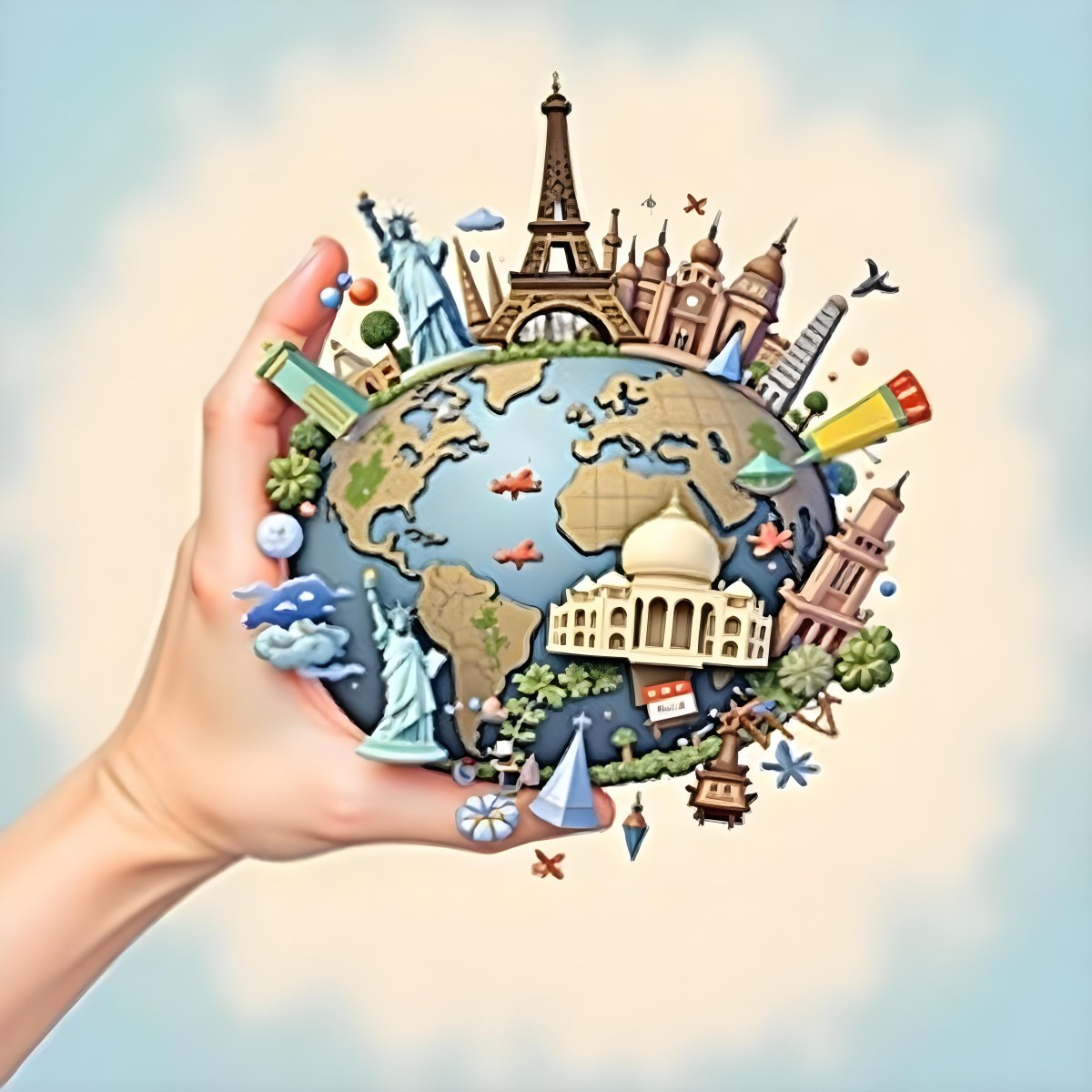 A Hand Holding A Globe Made Of Famous Landmarks Including The Eiffel Tower The Statue Of Liberty And The Taj Mahal With A Light Blue Background 12 B7e8