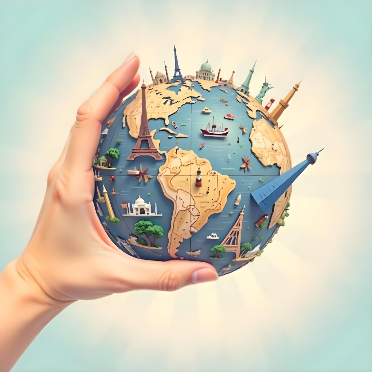 A Hand Holding A Globe Made Of Famous Landmarks Including The Eiffel Tower The Statue Of Liberty And The Taj Mahal With A Light Blue Background 21 A853