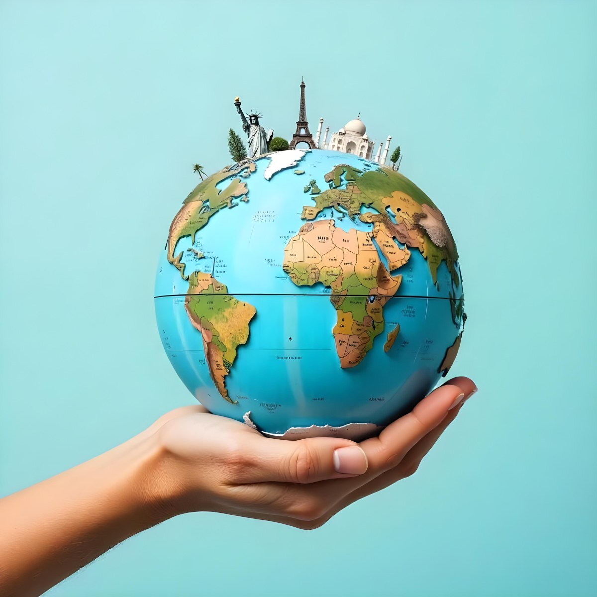 A Hand Holding A Globe Made Of Famous Landmarks Including The Eiffel Tower The Statue Of Liberty And The Taj Mahal With A Light Blue Background 25 73c7