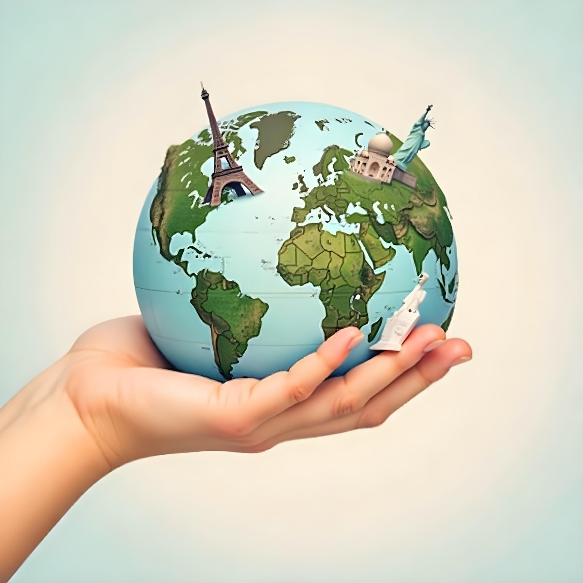 A Hand Holding A Globe Made Of Famous Landmarks Including The Eiffel Tower The Statue Of Liberty And The Taj Mahal With A Light Blue Background 34 6502