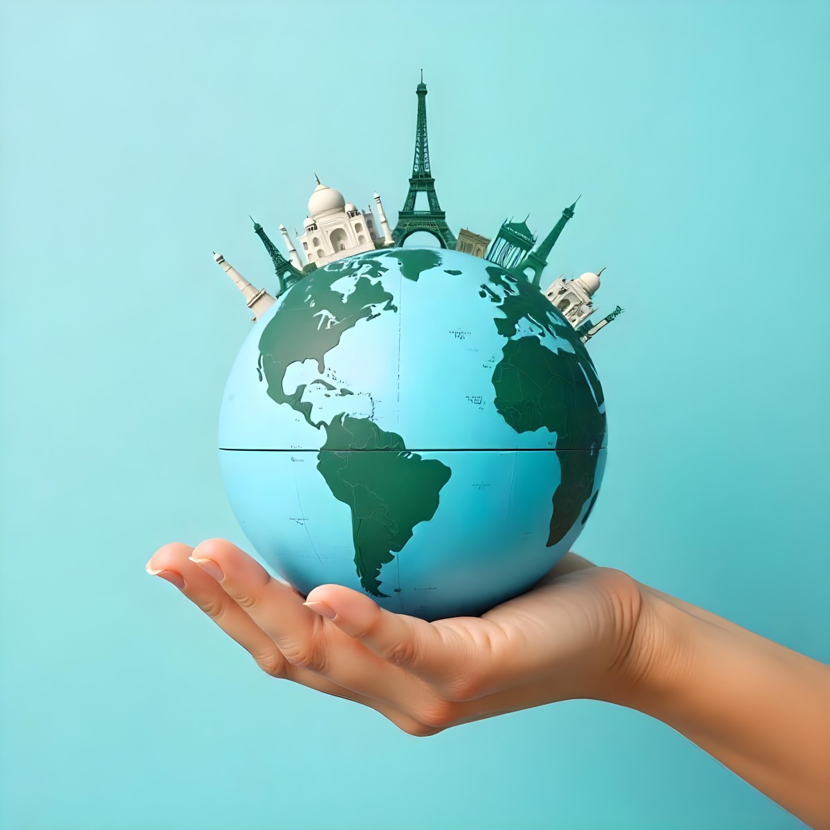 A Hand Holding A Globe Made Of Famous Landmarks Including The Eiffel Tower The Statue Of Liberty And The Taj Mahal With A Light Blue Background 4 Ffea