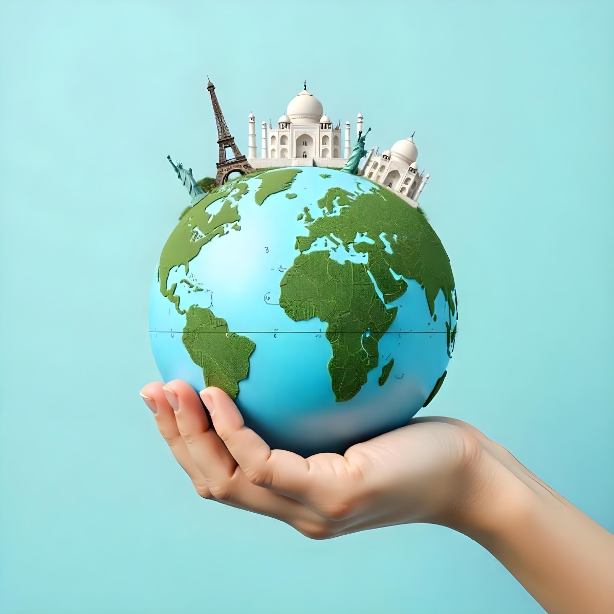 A Hand Holding A Globe Made Of Famous Landmarks Including The Eiffel Tower The Statue Of Liberty And The Taj Mahal With A Light Blue Background 43 3f1f