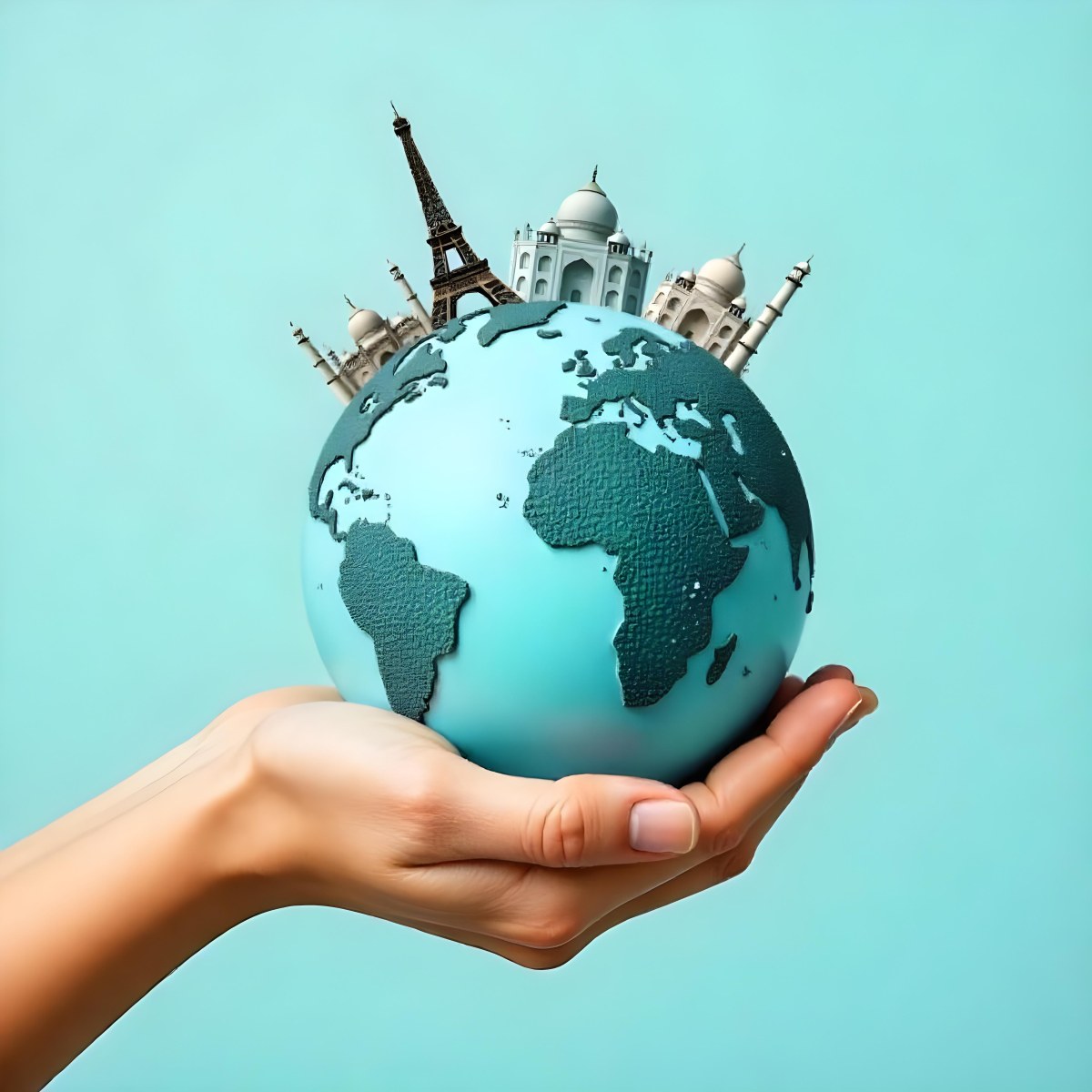 A Hand Holding A Globe Made Of Famous Landmarks Including The Eiffel Tower The Statue Of Liberty And The Taj Mahal With A Light Blue Background 47 72e9