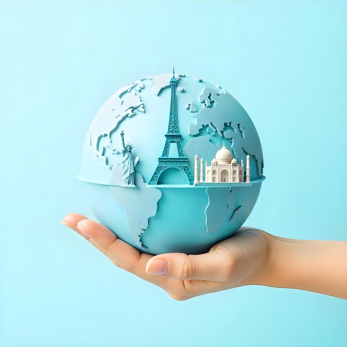 A Hand Holding A Globe Made Of Famous Landmarks Including The Eiffel Tower The Statue Of Liberty And The Taj Mahal With A Light Blue Background 5 8468