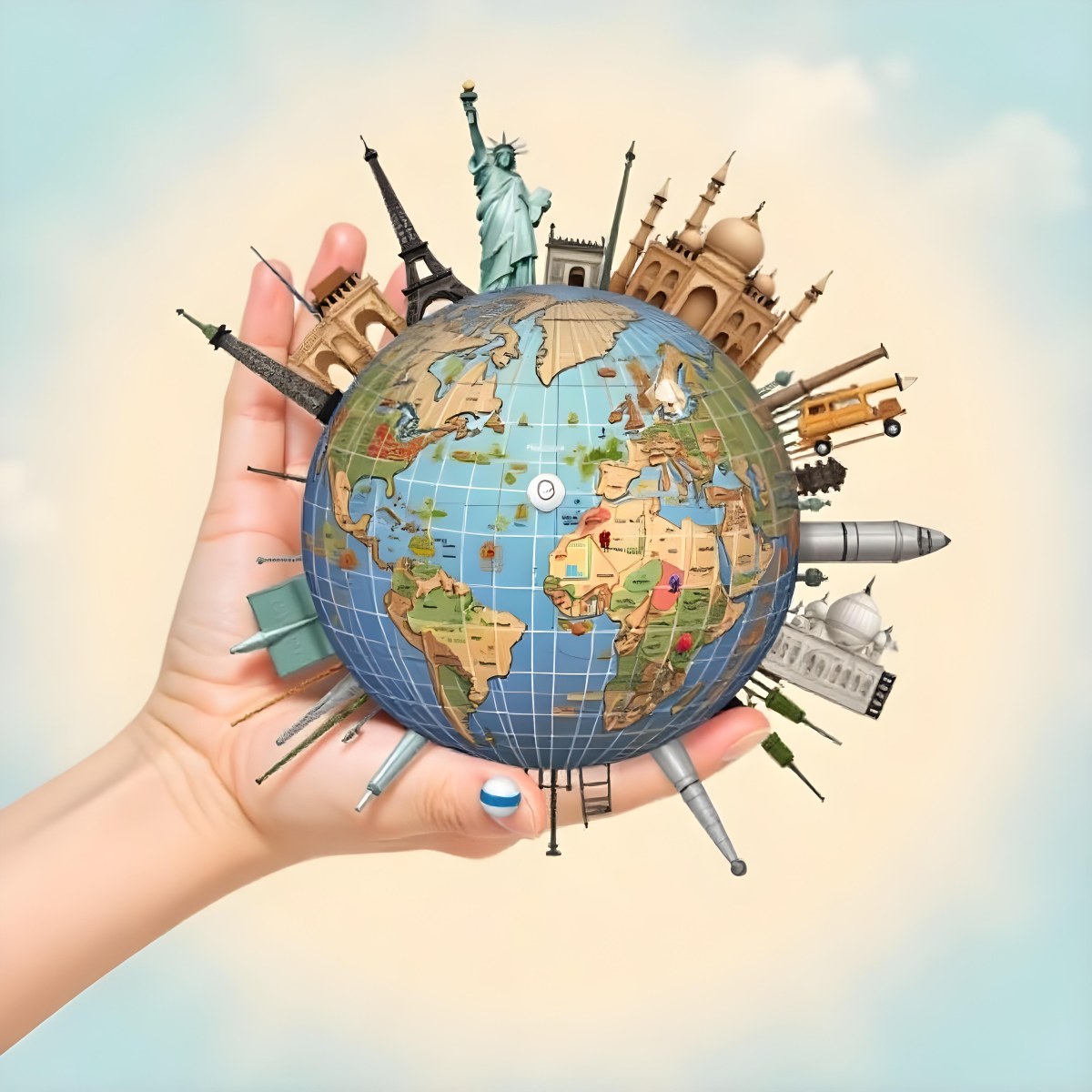 A Hand Holding A Globe Made Of Famous Landmarks Including The Eiffel Tower The Statue Of Liberty And The Taj Mahal With A Light Blue Background 50 4c0f