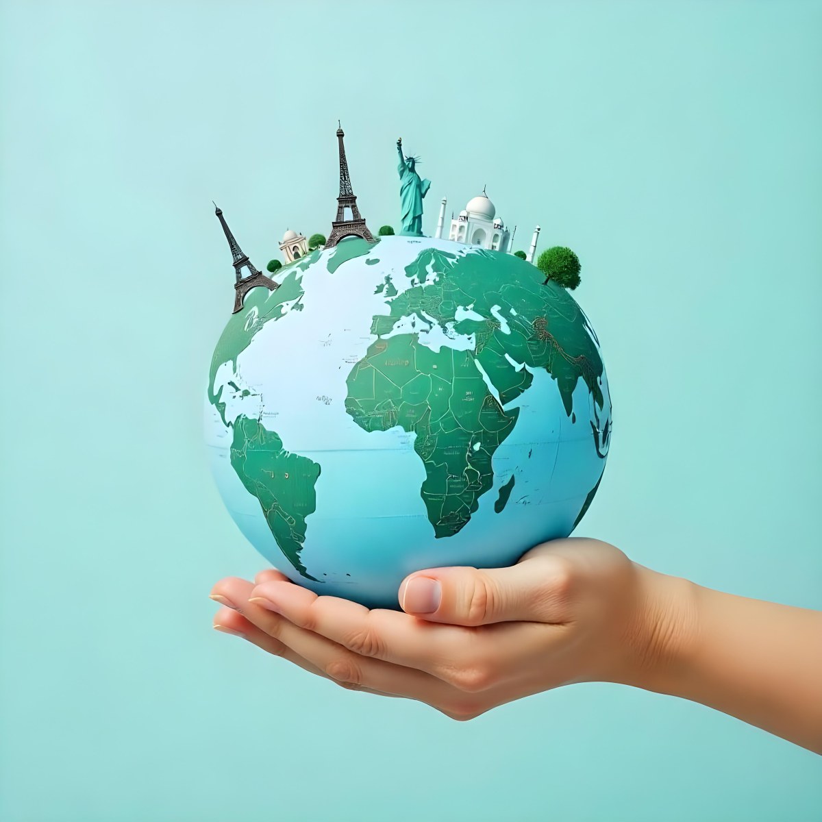 A Hand Holding A Globe Made Of Famous Landmarks Including The Eiffel Tower The Statue Of Liberty And The Taj Mahal With A Light Blue Background 51 1d7c