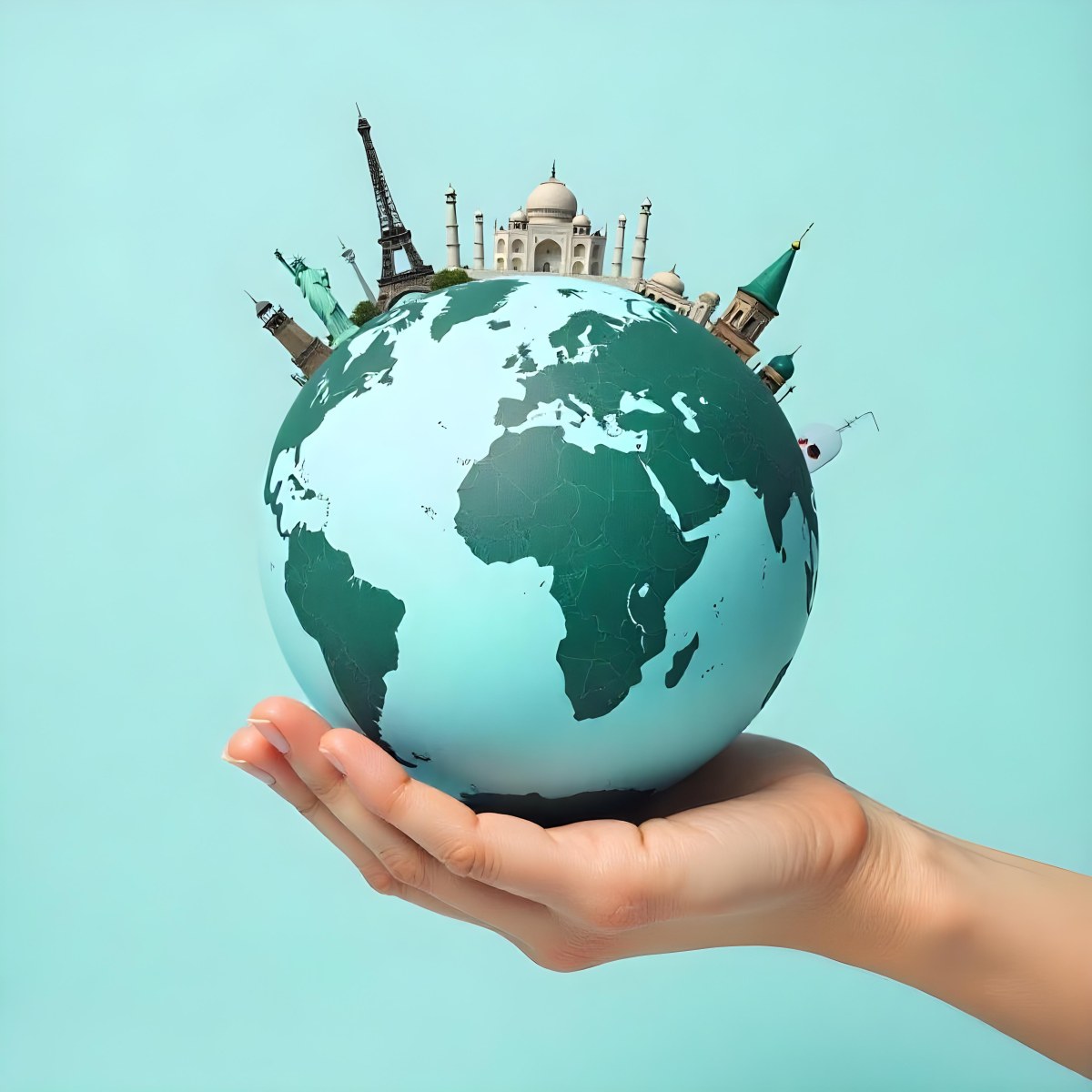 A Hand Holding A Globe Made Of Famous Landmarks Including The Eiffel Tower The Statue Of Liberty And The Taj Mahal With A Light Blue Background 52 D53c