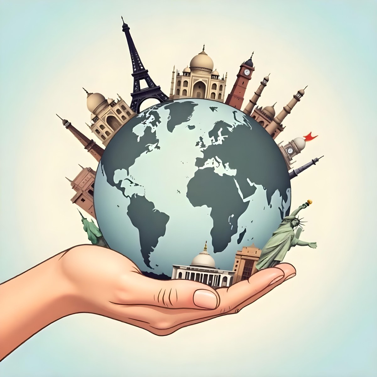 A Hand Holding A Globe Made Of Famous Landmarks Including The Eiffel Tower The Statue Of Liberty And The Taj Mahal With A Light Blue Background 54 2cc9