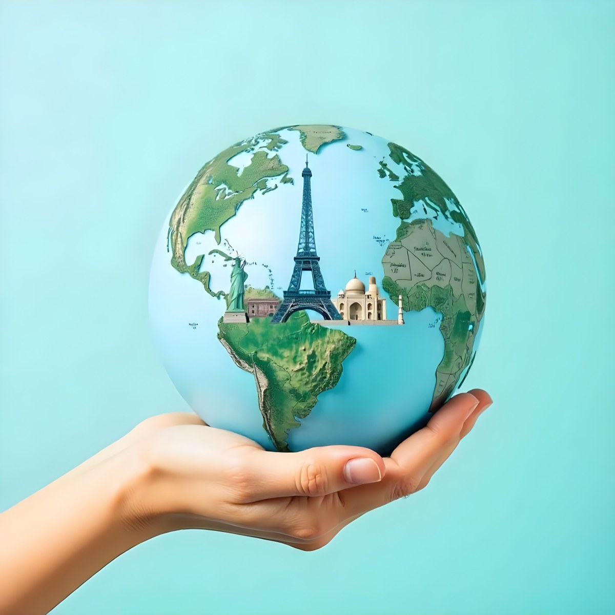A Hand Holding A Globe Made Of Famous Landmarks Including The Eiffel Tower The Statue Of Liberty And The Taj Mahal With A Light Blue Background 6 280f