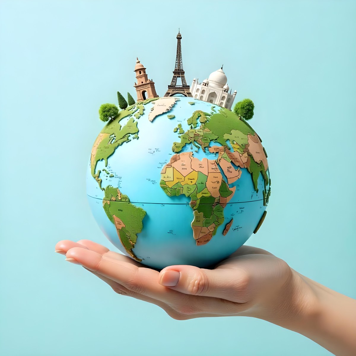 A Hand Holding A Globe Made Of Famous Landmarks Including The Eiffel Tower The Statue Of Liberty And The Taj Mahal With A Light Blue Background 7 F39d