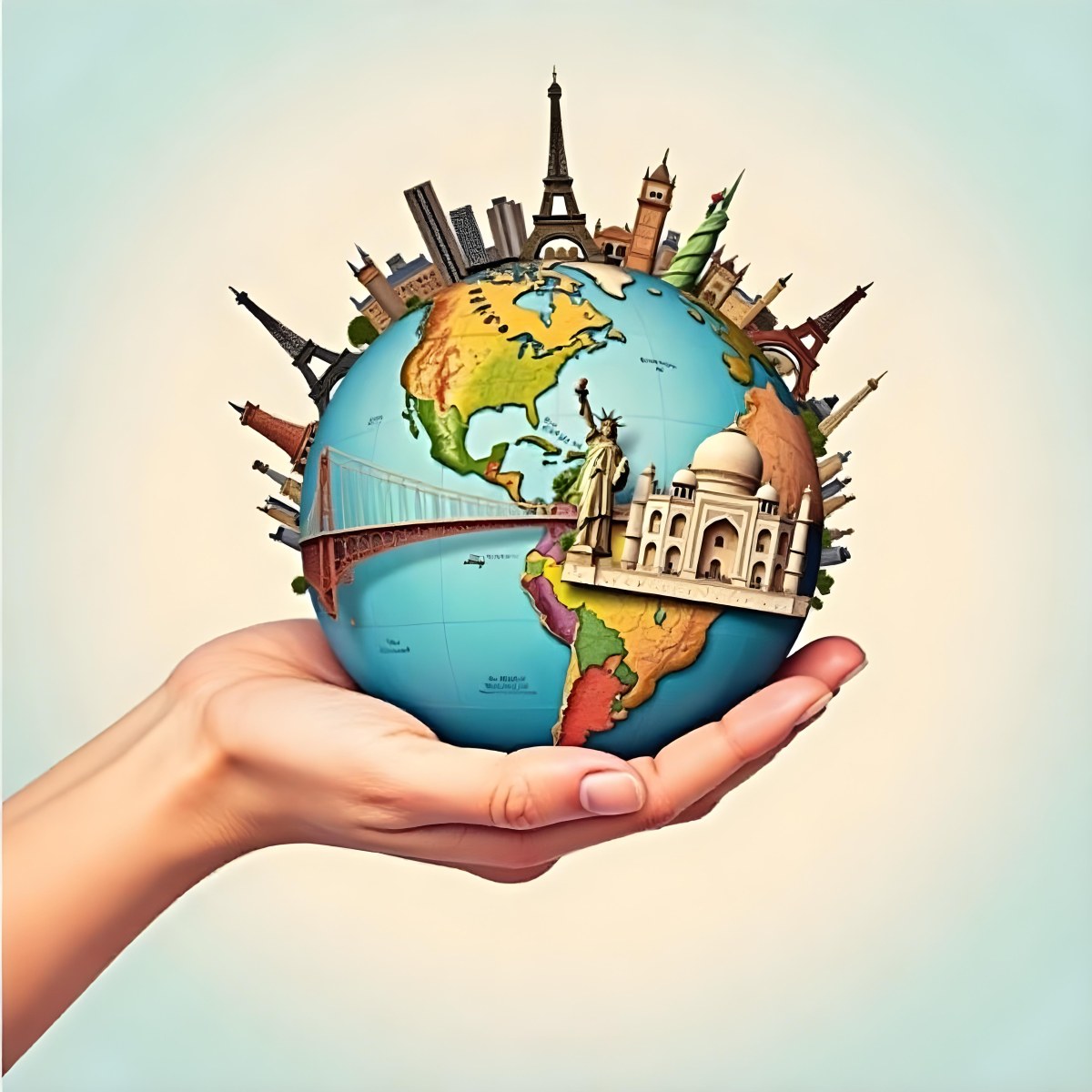 A Hand Holding A Globe Made Of Famous Landmarks Including The Eiffel Tower The Statue Of Liberty And The Taj Mahal With A Light Blue Background 8 4617