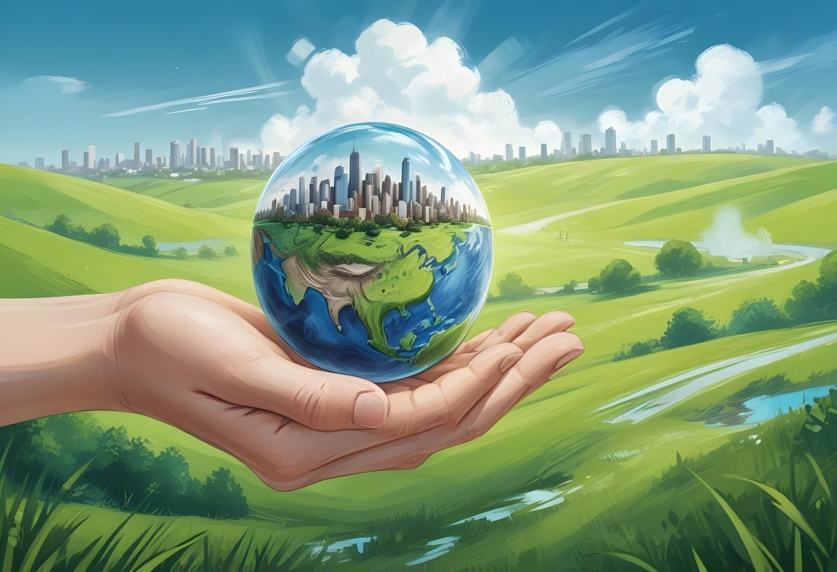 A Hand Holding A Half Earth With A City On Top In A Green Field With A Blue Sky And Some Drawings 4 5adb