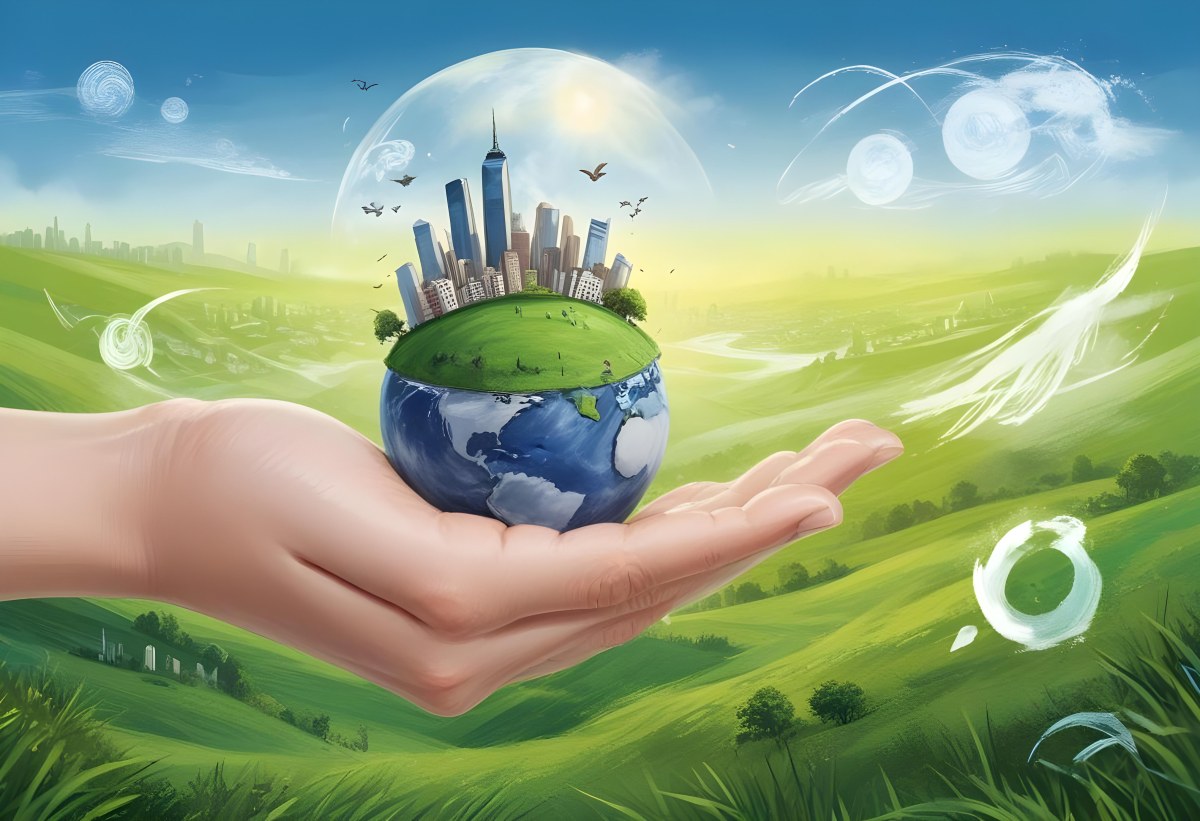 A Hand Holding A Half Earth With A City On Top In A Green Field With A Blue Sky And Some Drawings 5 9114