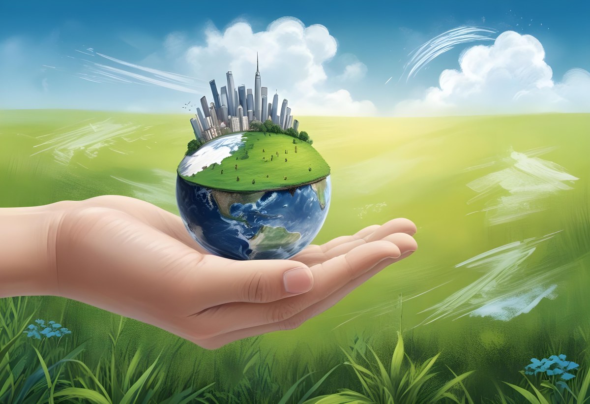 A Hand Holding A Half Earth With A City On Top In A Green Field With A Blue Sky And Some Drawings 6 E327