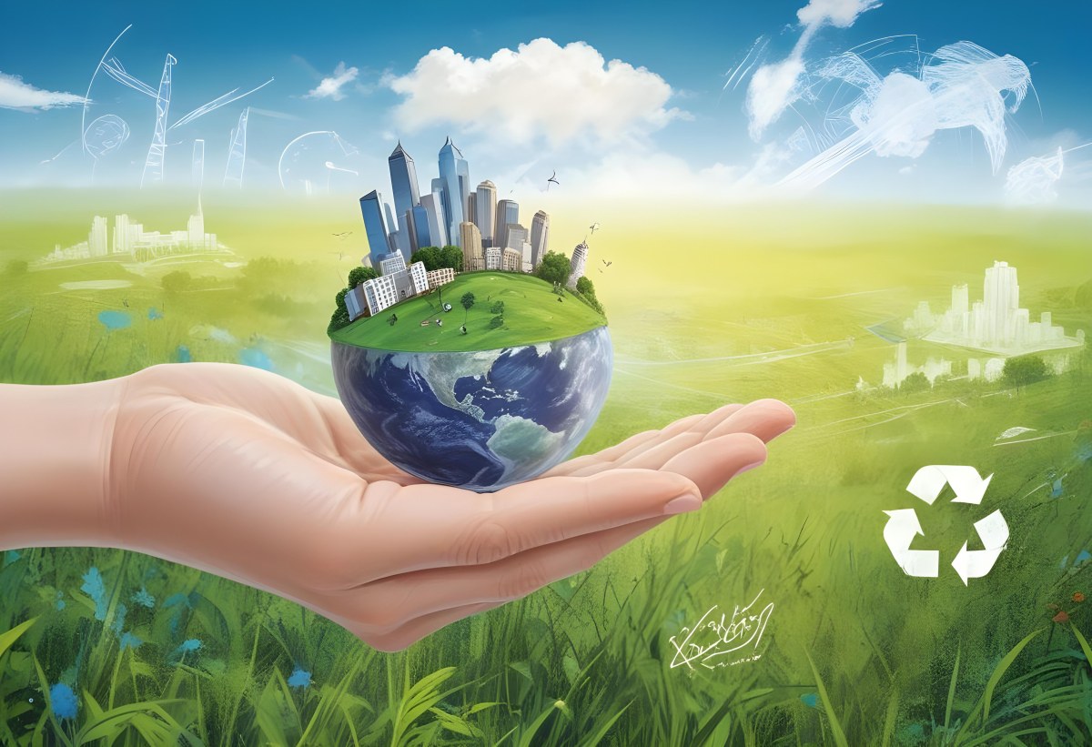 A Hand Holding A Half Earth With A City On Top In A Green Field With A Blue Sky And Some Drawings 7 A615