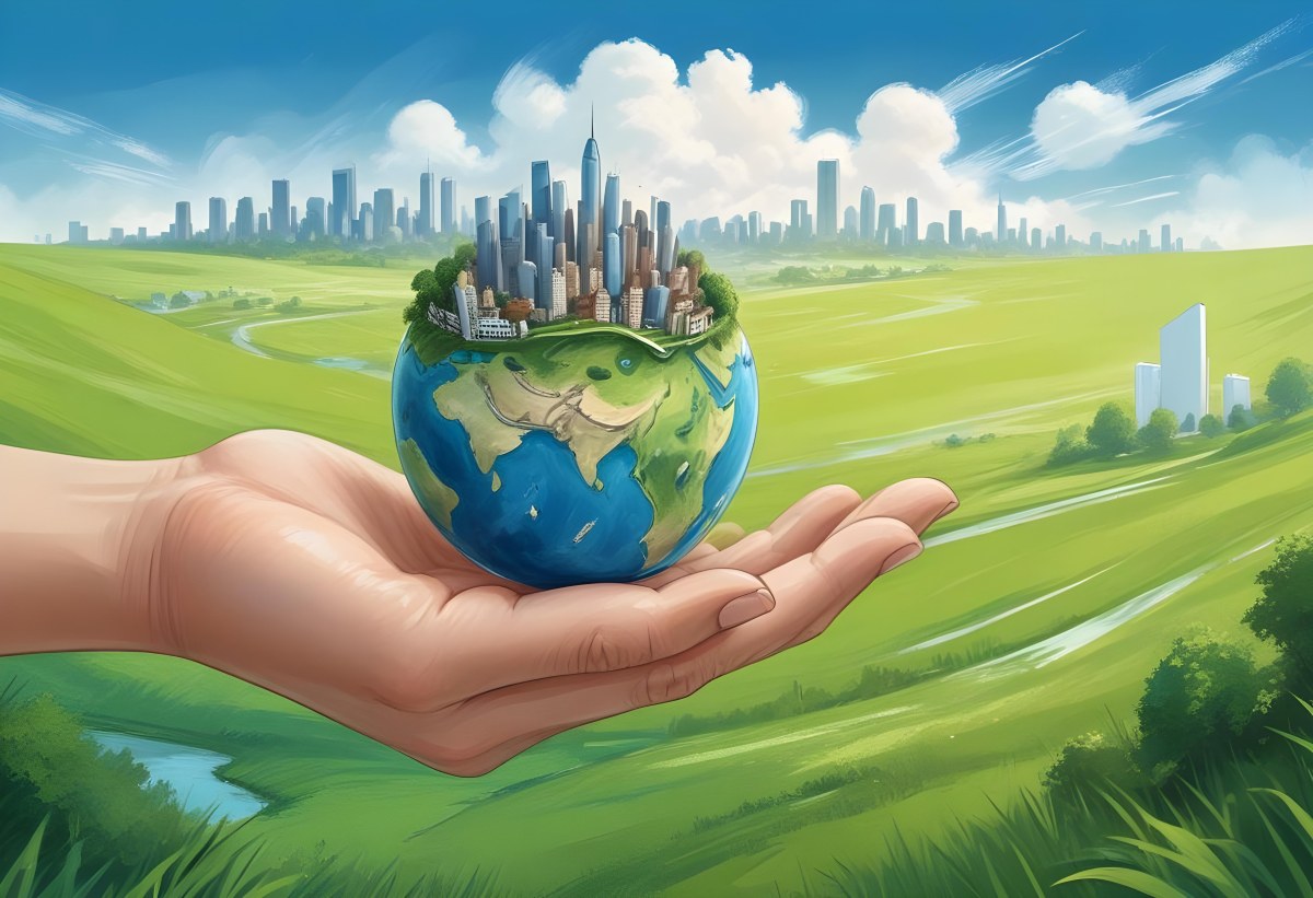 A Hand Holding A Half Earth With A City On Top In A Green Field With A Blue Sky And Some Drawings 8 198d