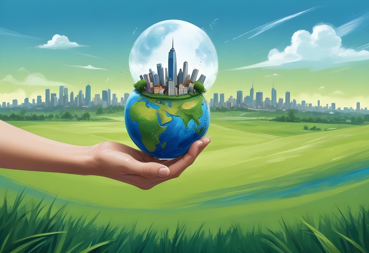 A Hand Holding A Half Earth With A City On Top In A Green Field With A Blue Sky And Some Drawings 9 4045