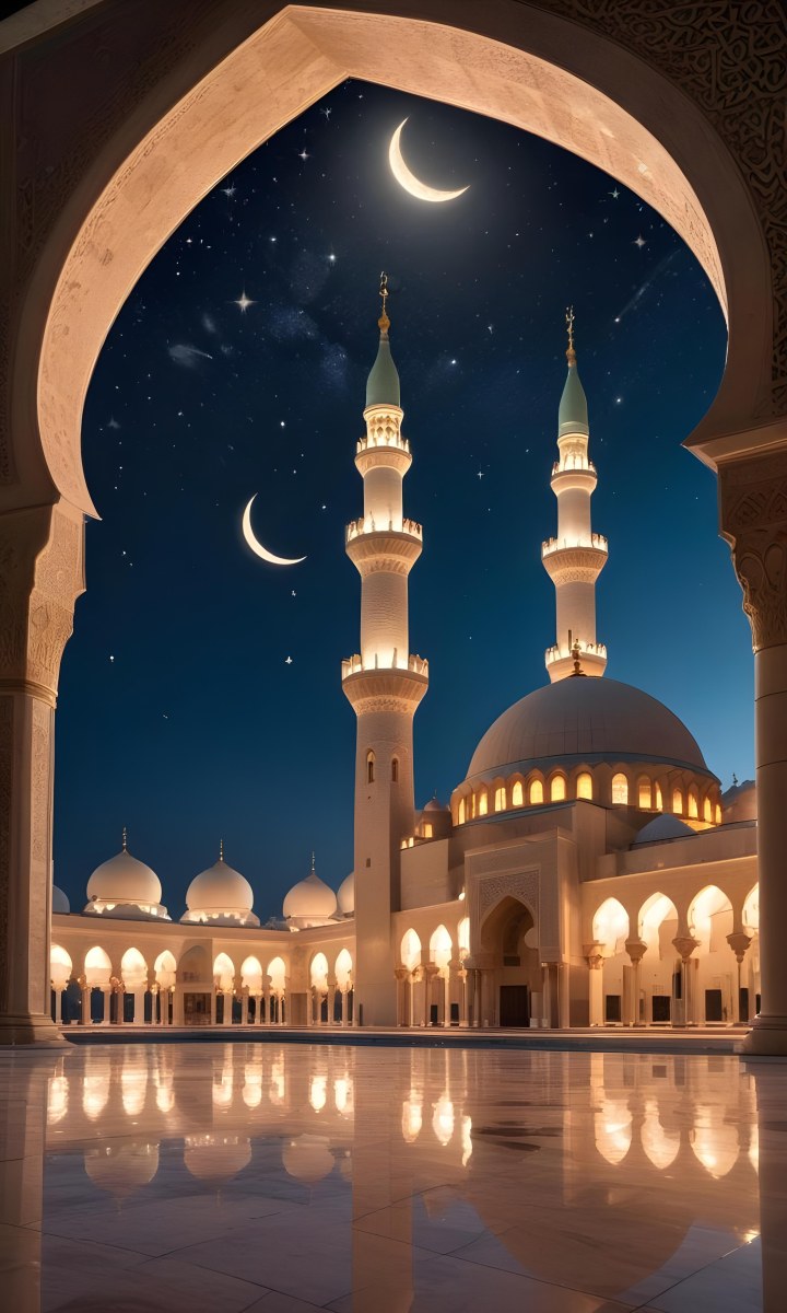 A Large Mosque With Multiple Minarets And Domes Illuminated At Night Against A Starry Sky With A Crescent Moon 2 E8cd
