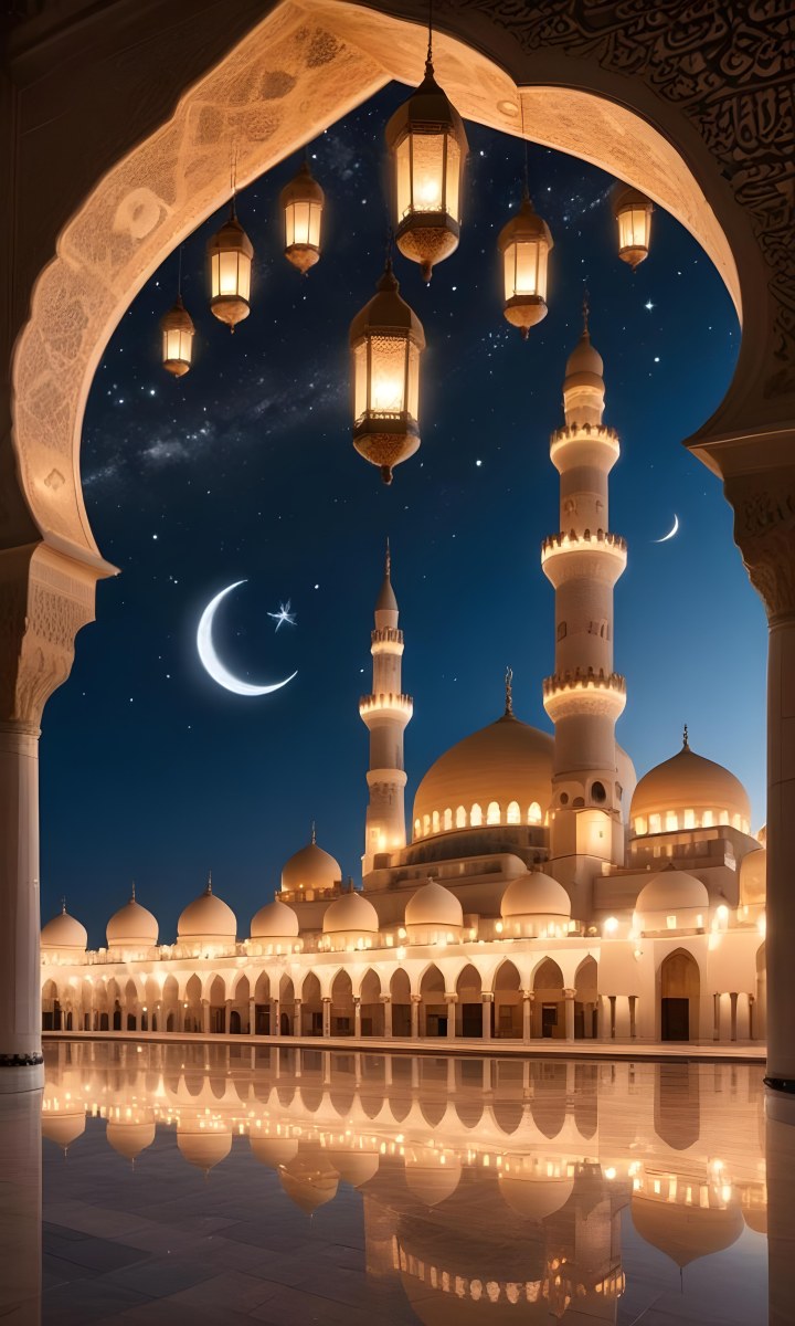 A Large Mosque With Multiple Minarets And Domes Illuminated At Night Against A Starry Sky With A Crescent Moon 3 8dad