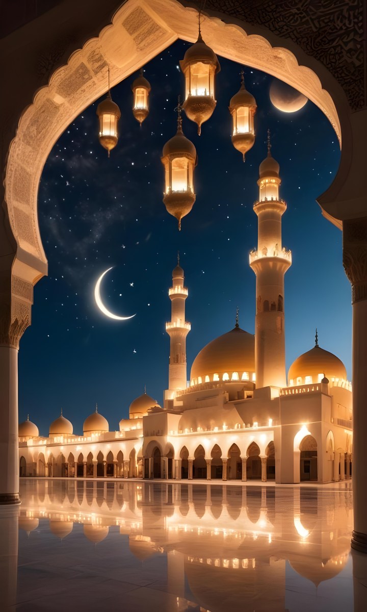 A Large Mosque With Multiple Minarets And Domes Illuminated At Night Against A Starry Sky With A Crescent Moon 4 C234