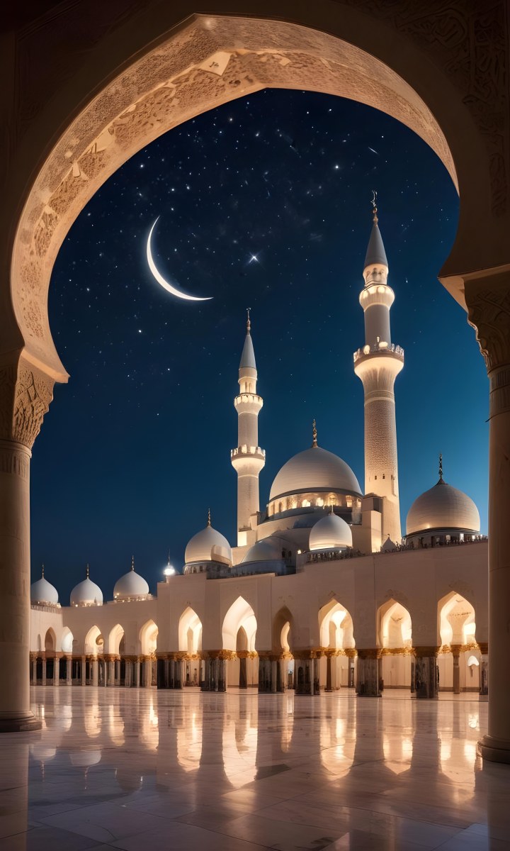A Large Mosque With Multiple Minarets And Domes Illuminated At Night Against A Starry Sky With A Crescent Moon 5 E212