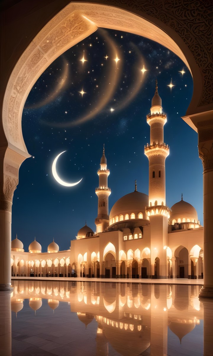 A Large Mosque With Multiple Minarets And Domes Illuminated At Night Against A Starry Sky With A Crescent Moon 6 3357