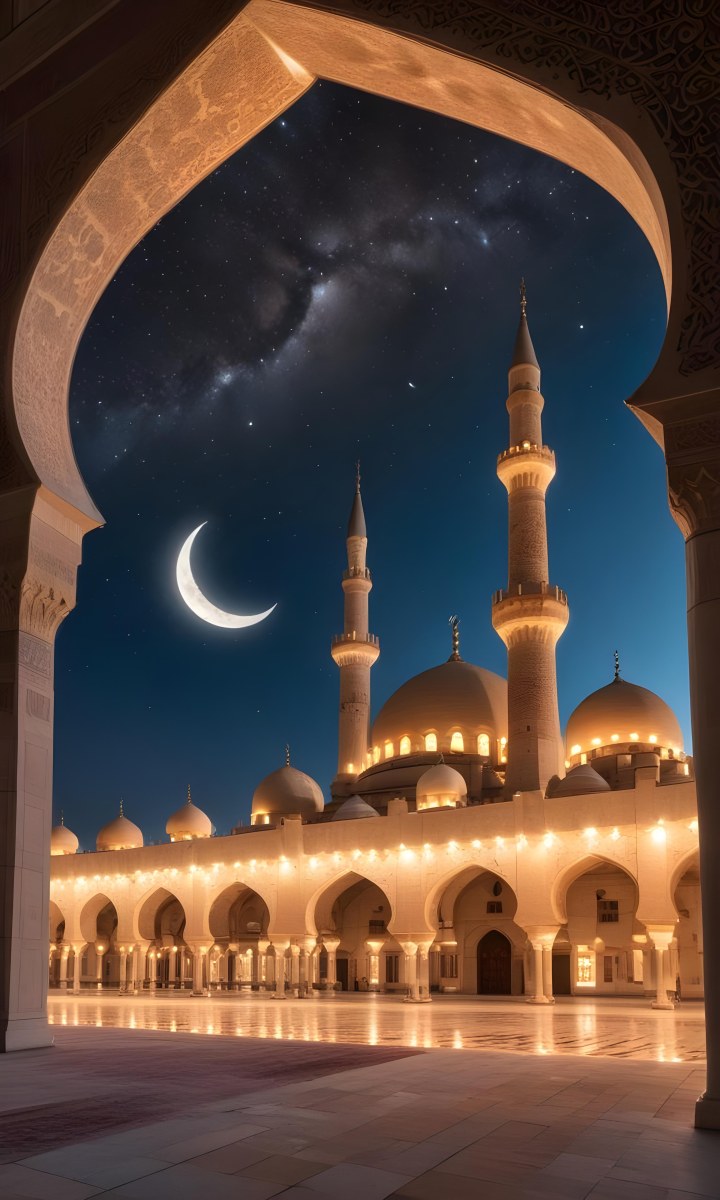 A Large Mosque With Multiple Minarets And Domes Illuminated At Night Against A Starry Sky With A Crescent Moon 7 C069