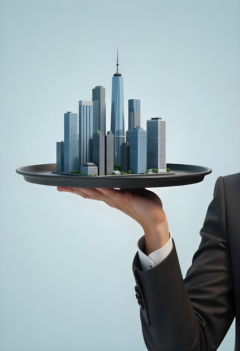 A Man Holding A Tray With A City On It The City Has Many Skyscrapers The Background Is Light Blue 12 Bae4