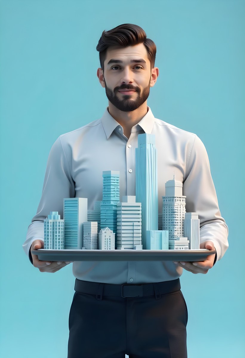 A Man Holding A Tray With A City On It The City Has Many Skyscrapers The Background Is Light Blue 25 E346