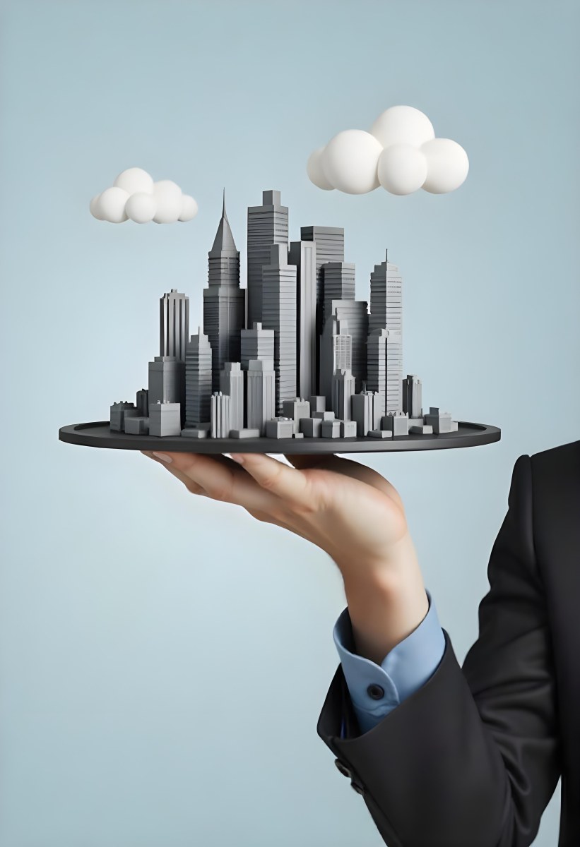 A Man Holding A Tray With A City On It The City Has Many Skyscrapers The Background Is Light Blue 29 F45c