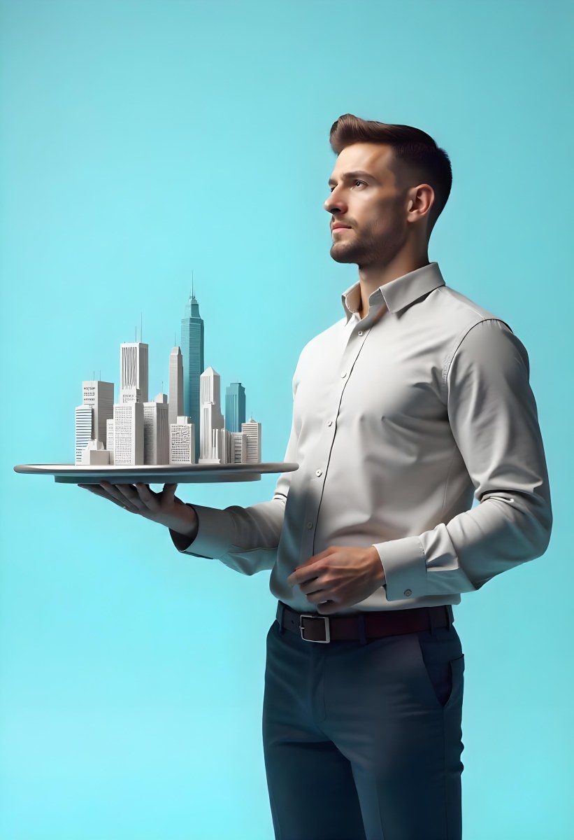 A Man Holding A Tray With A City On It The City Has Many Skyscrapers The Background Is Light Blue 33 0c13