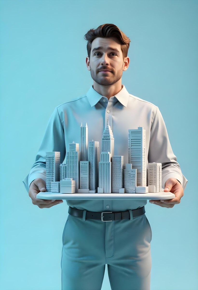 A Man Holding A Tray With A City On It The City Has Many Skyscrapers The Background Is Light Blue 37 F2cf